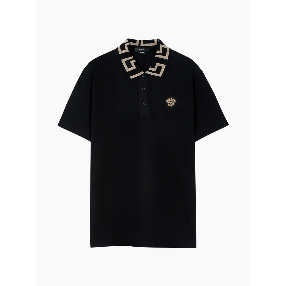 Versace Piquet Cotton Polo Shirt La Greca Collar Medusa Taylor Fit Medium Black